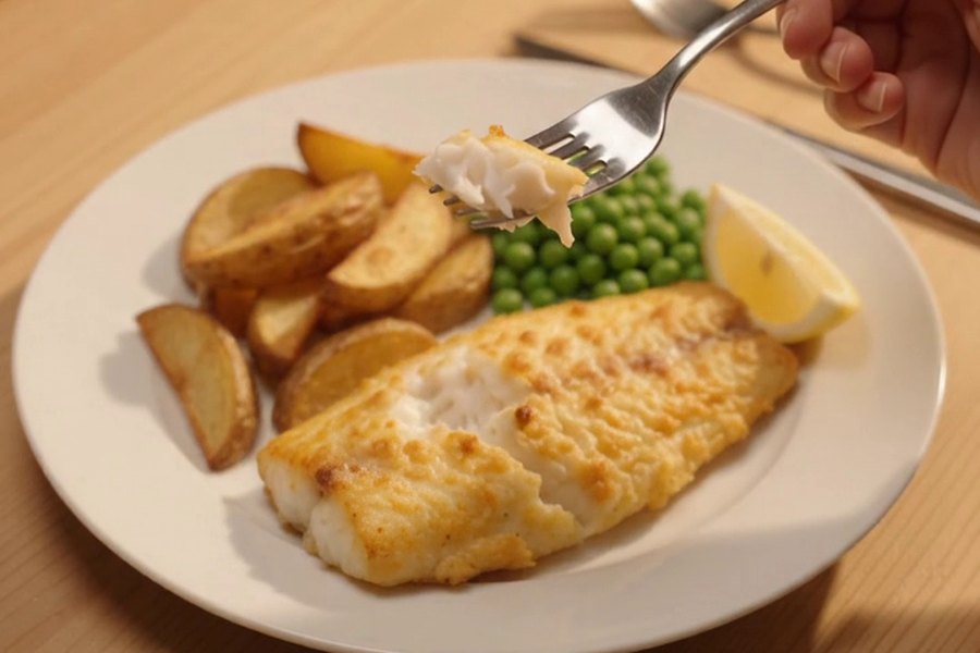 Oven Cod with Potato Wedges & Peas